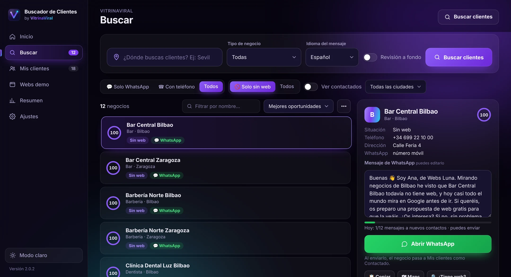 Pantalla de búsqueda de Buscador de Clientes con negocios sin web y su WhatsApp